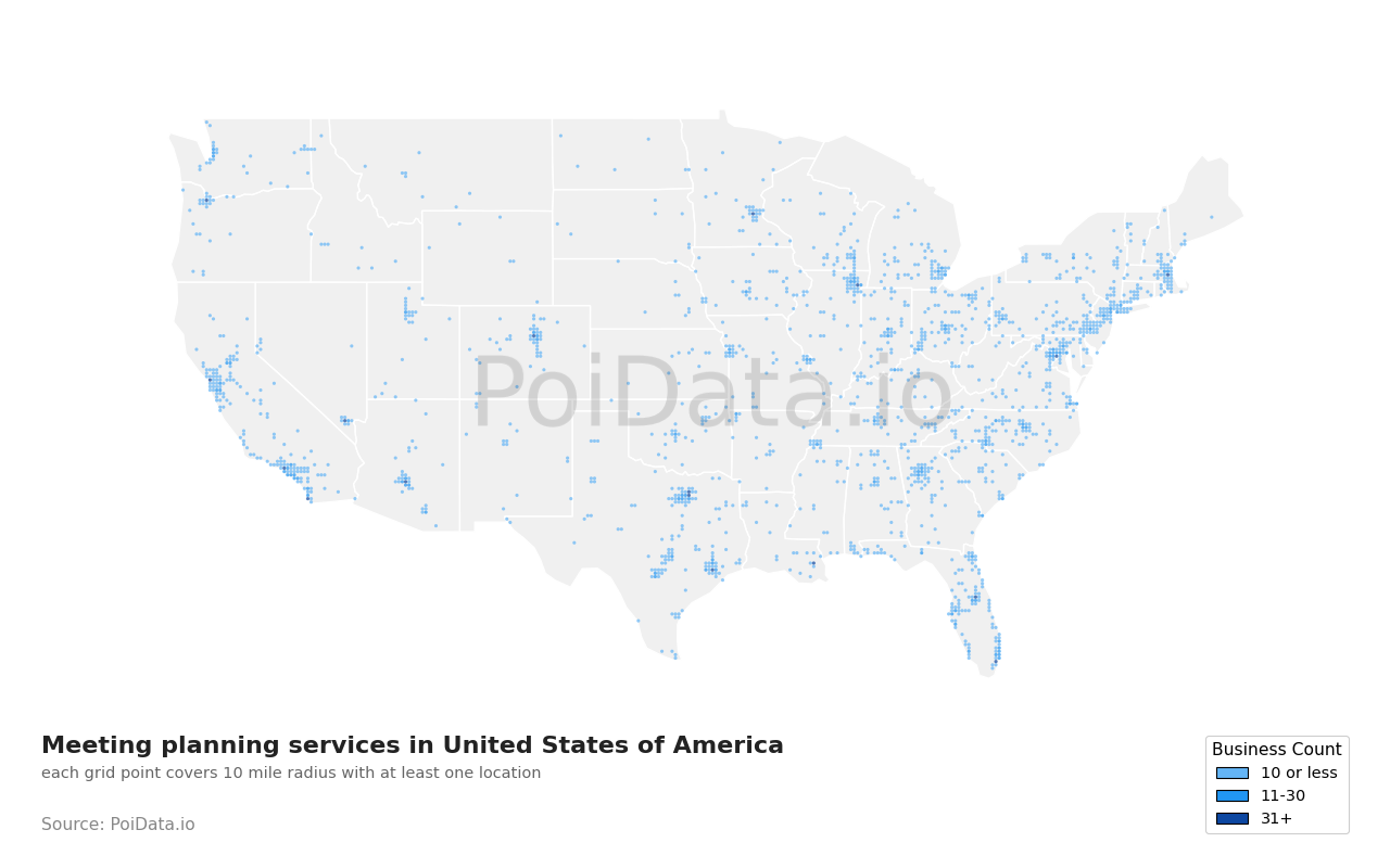 Meeting planning service density map for Tennessee, United States