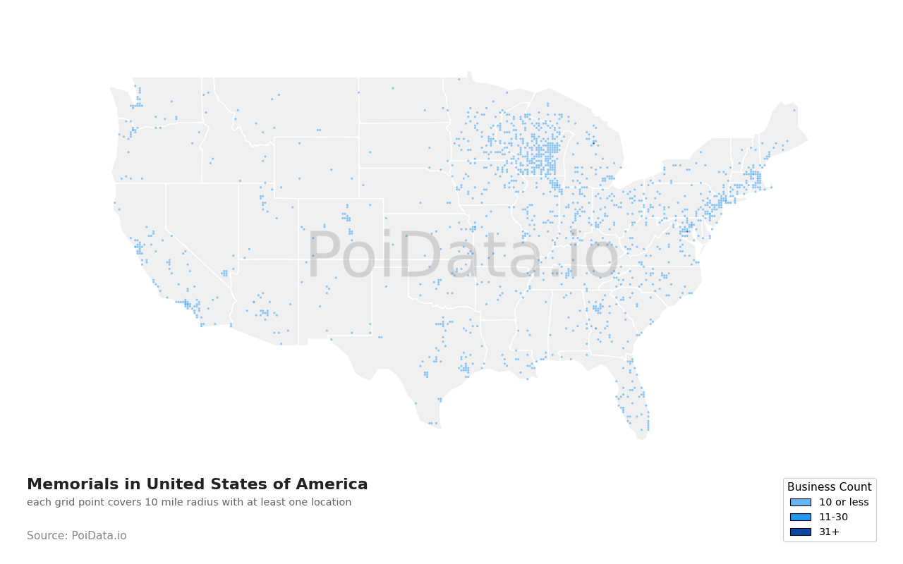 Memorial density map for United States
