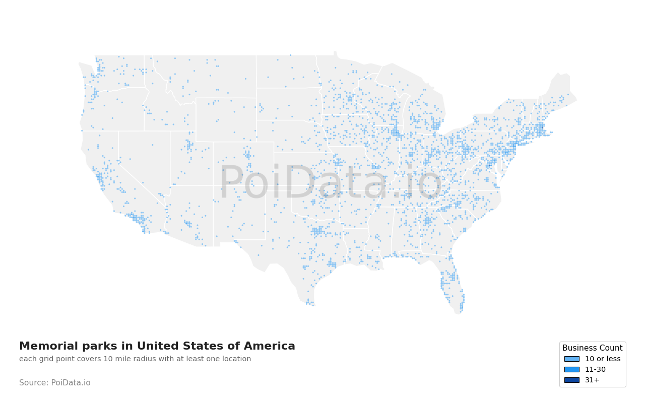 Memorial park density map for United States