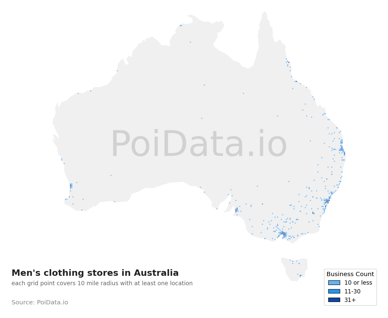 Men's clothing store density map for Australia