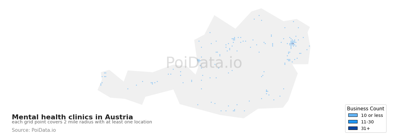 Mental health clinic density map for Austria