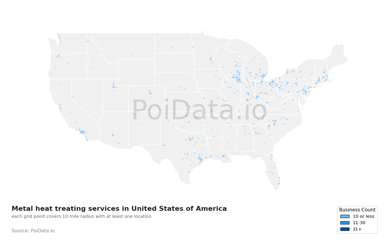 Metal heat treating service density map for United States