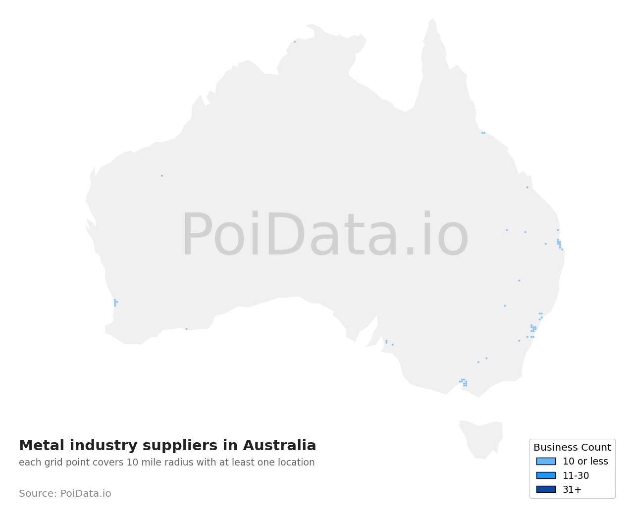 Metal industry suppliers density map for Australia