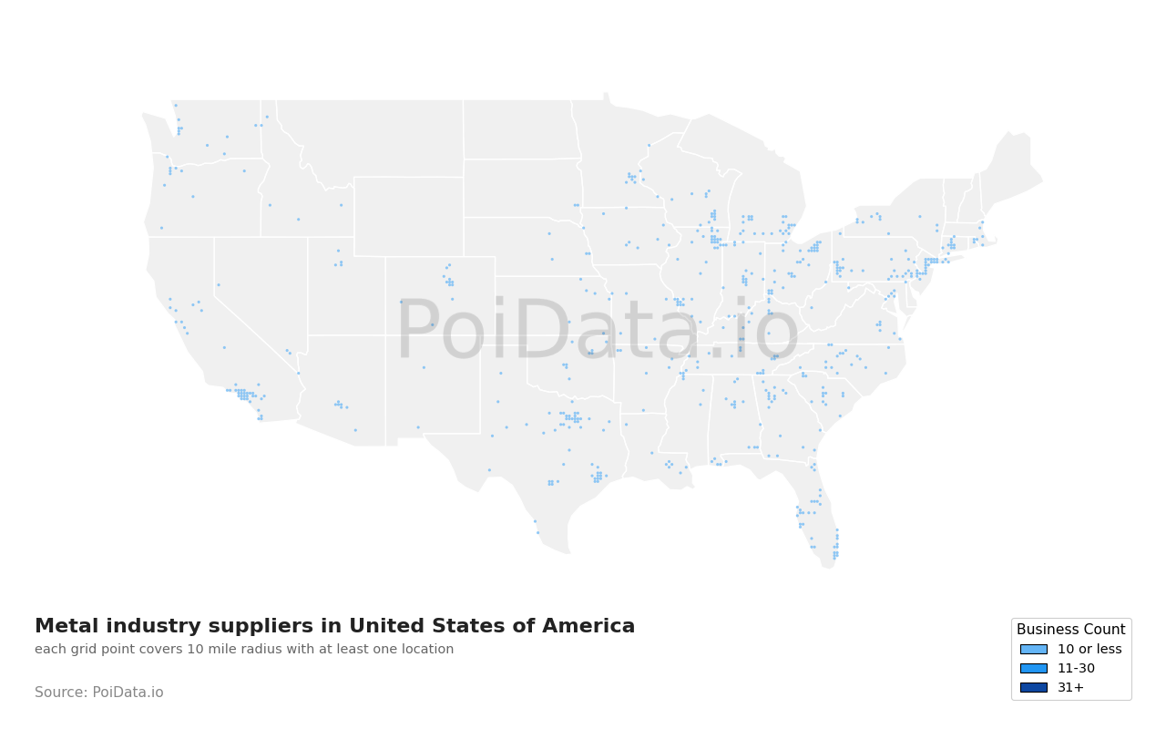 Metal industry suppliers density map for United States