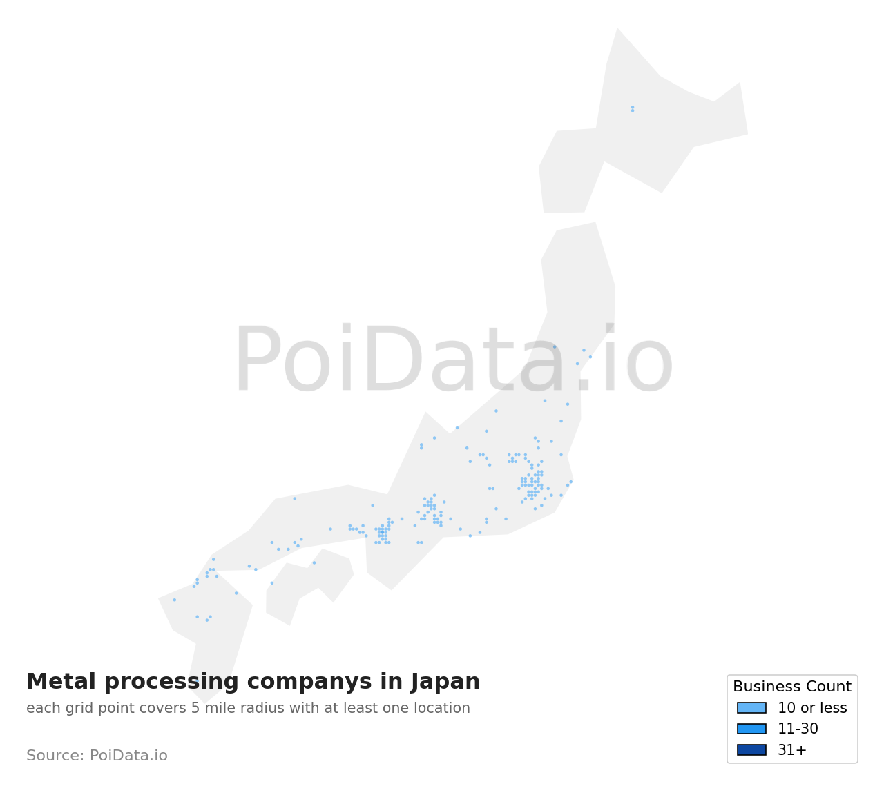 Metal processing company density map for Japan