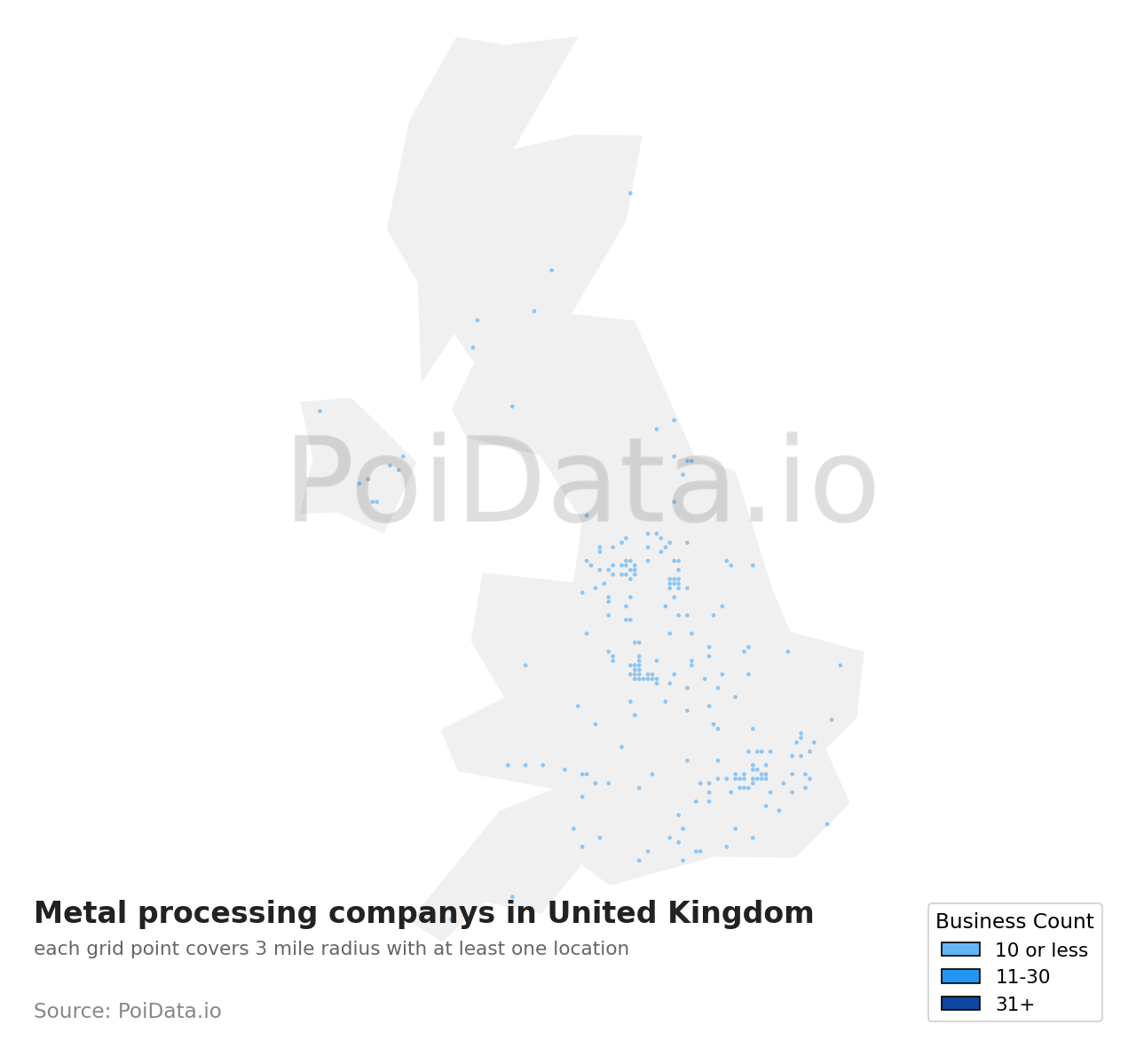 Metal processing company density map for United Kingdom
