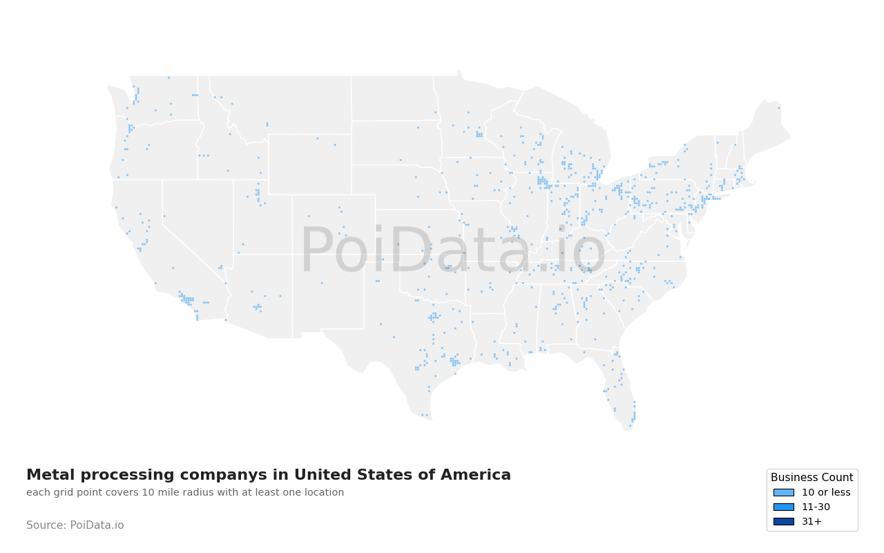 Metal processing company density map for Arkansas, United States