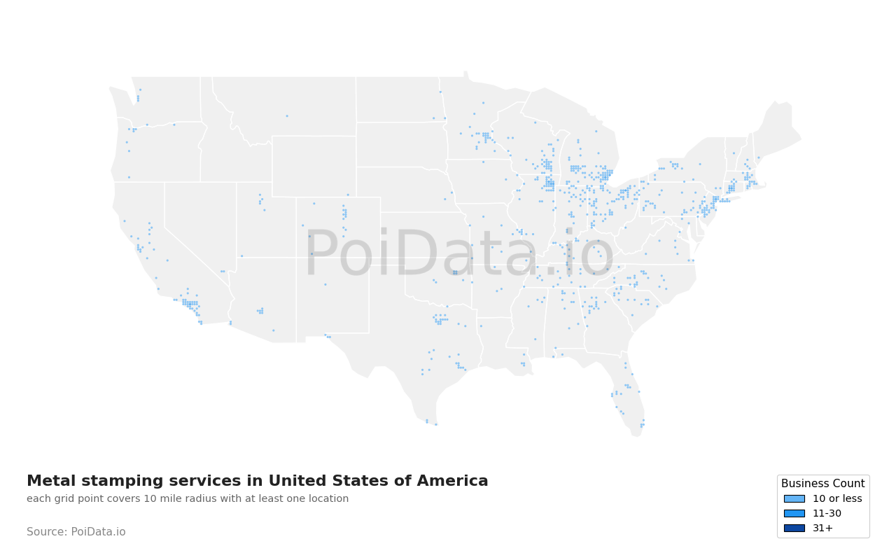 Metal stamping service density map for United States
