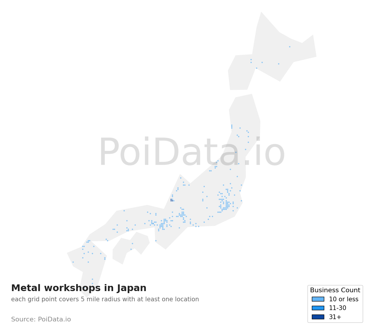 Metal workshop density map for Japan