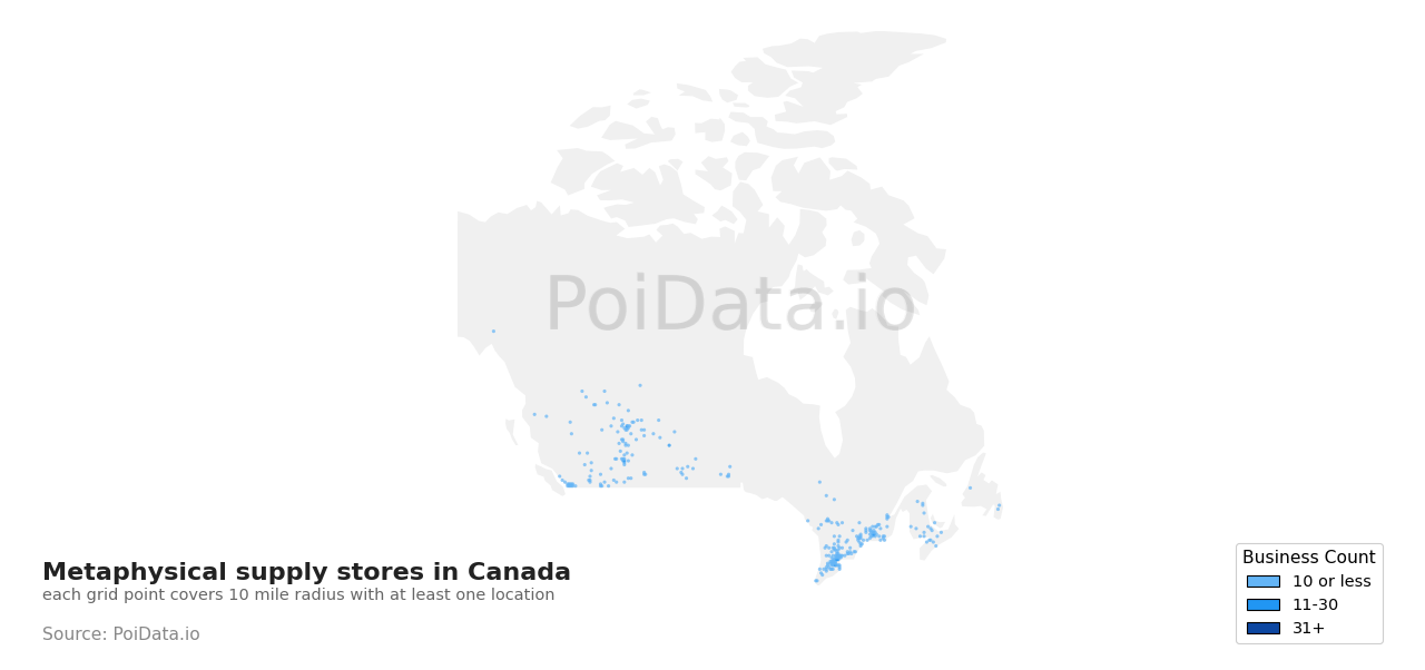 Metaphysical supply store density map for Quebec, Canada