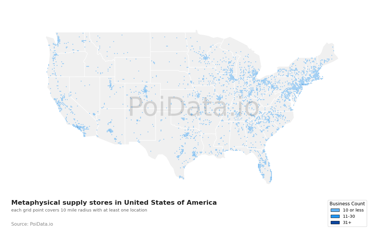 Metaphysical supply store density map for Tennessee, United States