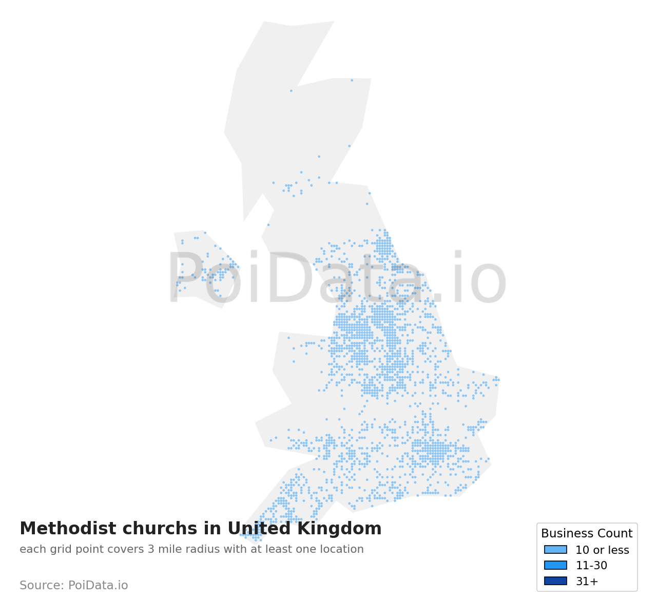 Methodist church density map for United Kingdom