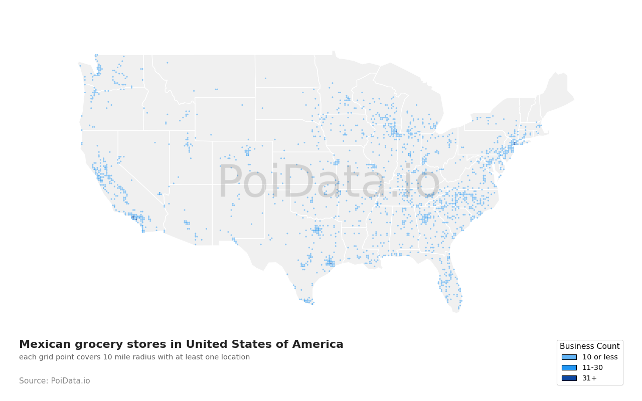 Mexican grocery store density map for United States