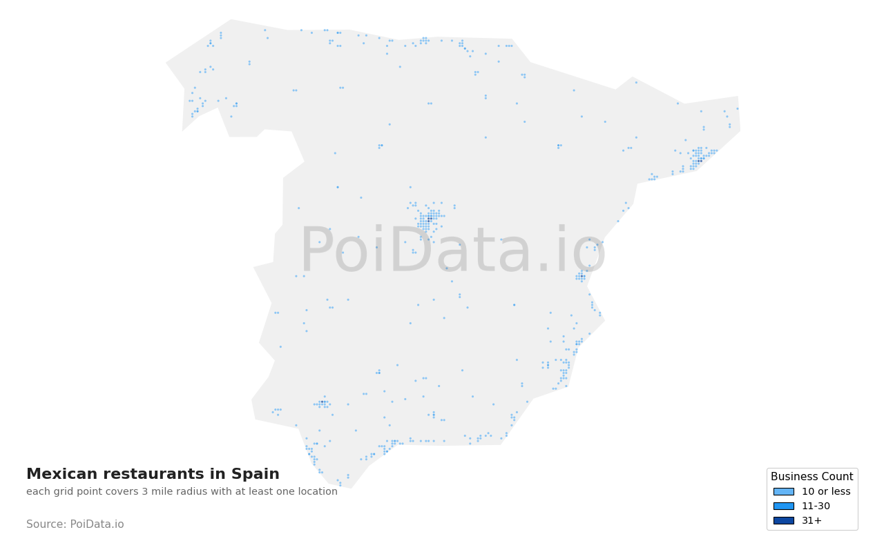 Mexican restaurant density map for Spain