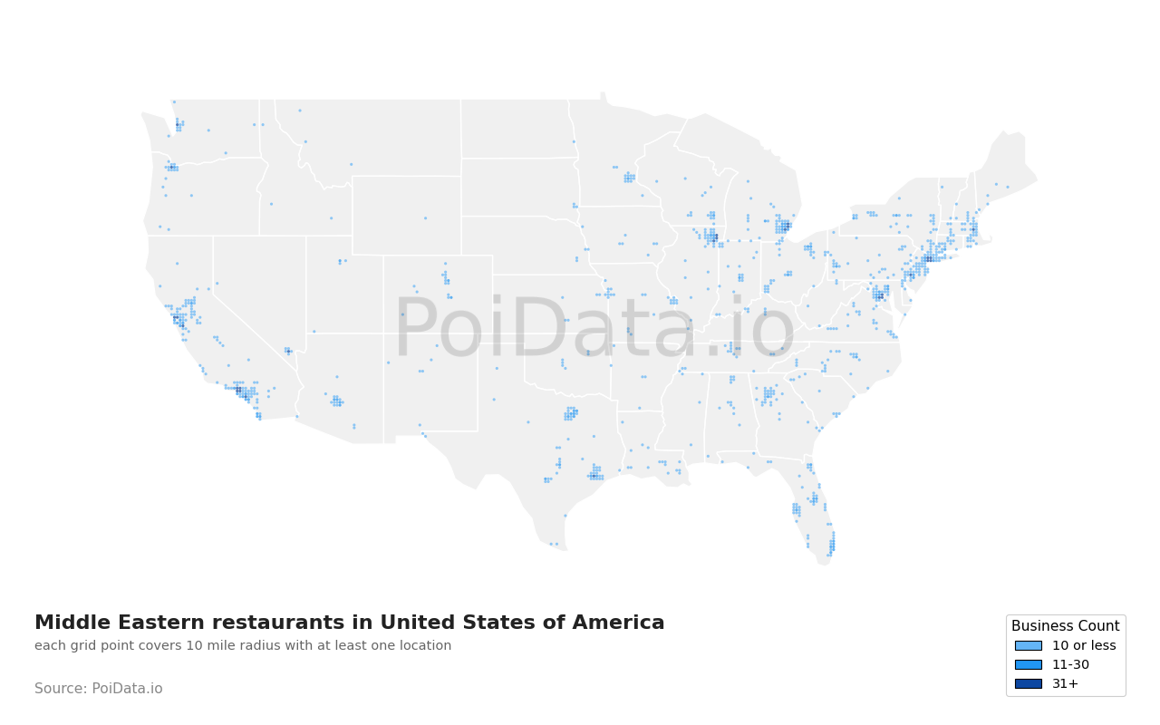 Middle Eastern restaurant density map for United States