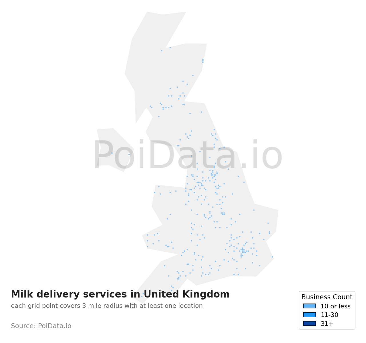 Milk delivery service density map for United Kingdom