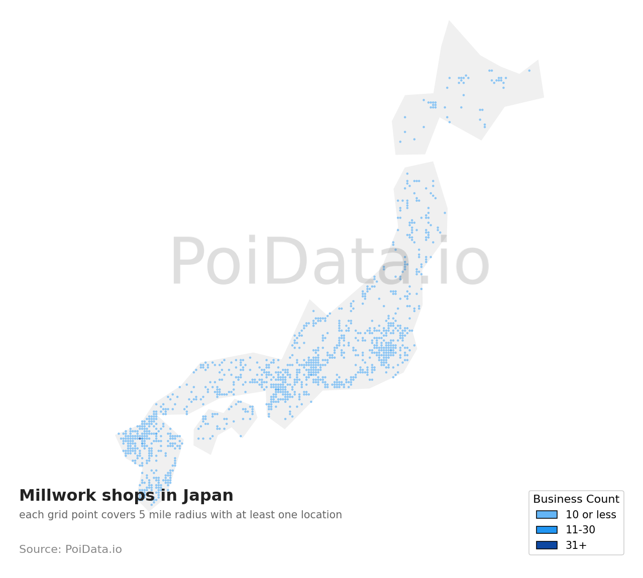 Millwork shop density map for Japan