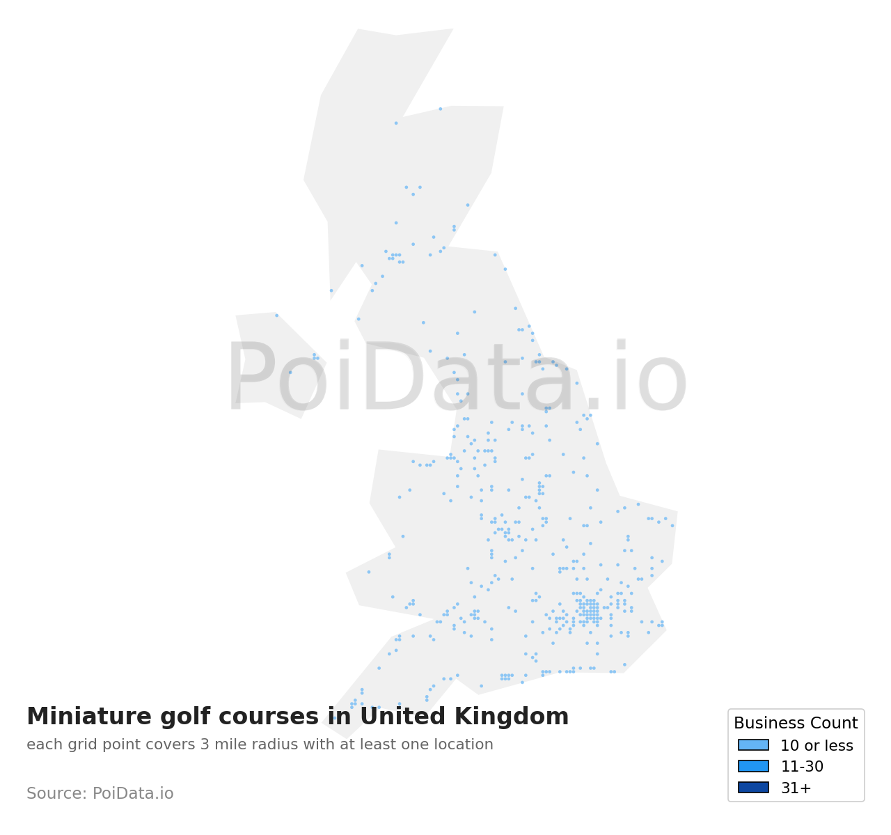 Miniature golf course density map for United Kingdom