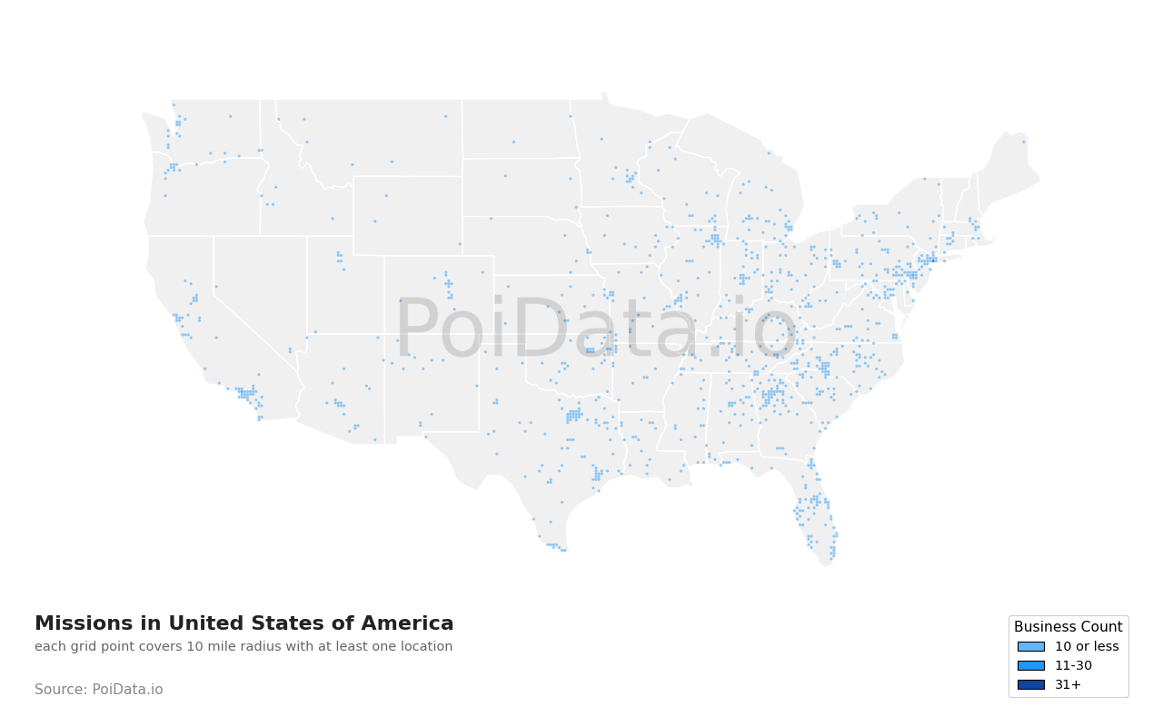 Mission density map for Tennessee, United States