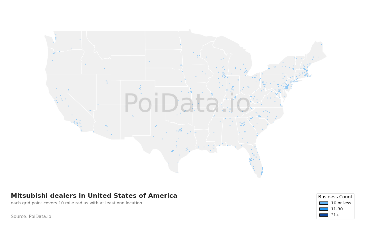 Mitsubishi dealer density map for Florida, United States