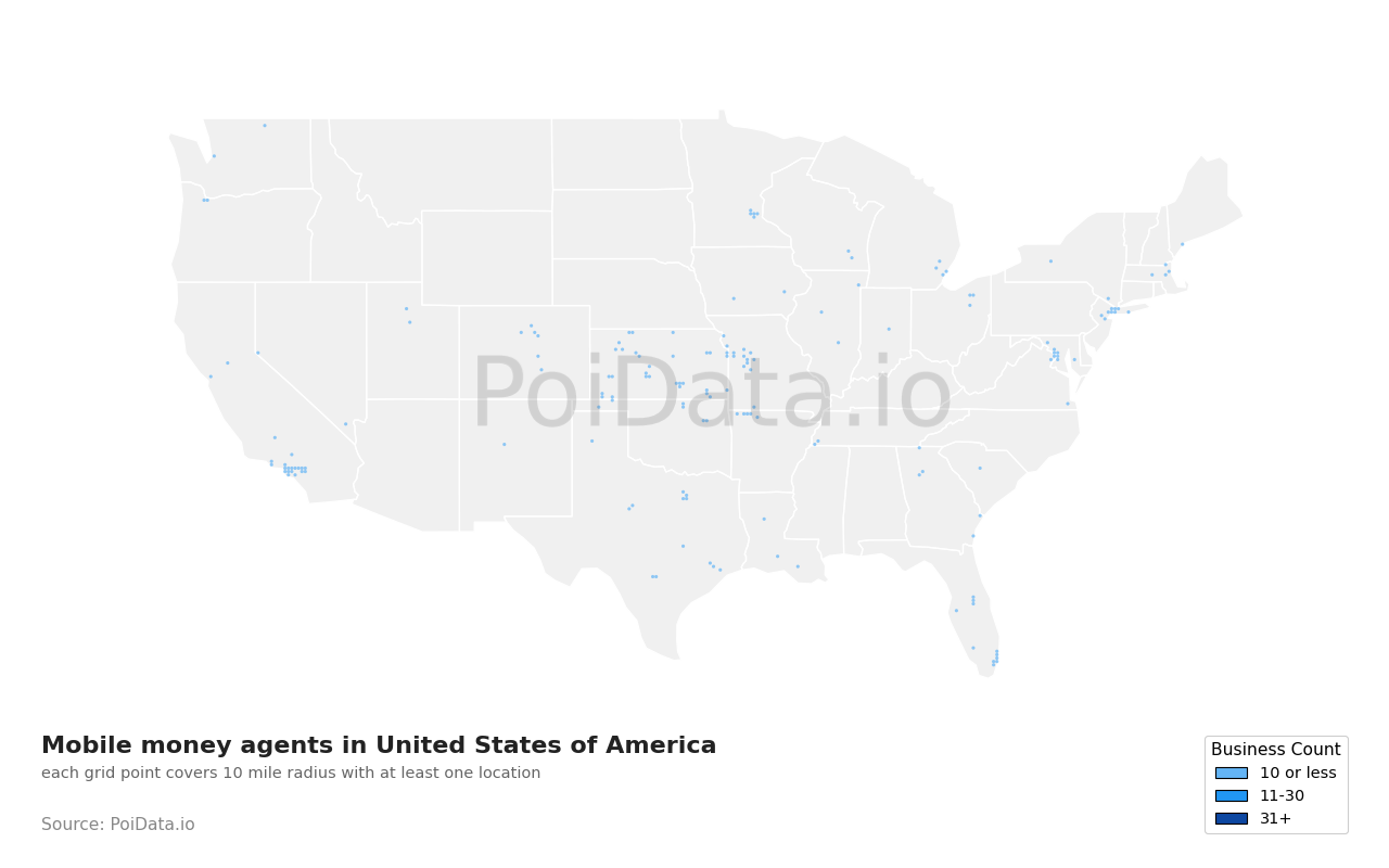 Mobile money agent density map for United States