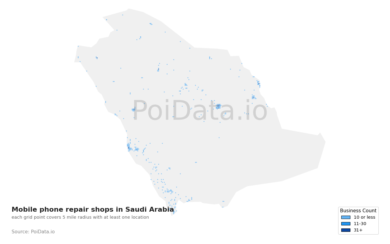 Mobile phone repair shop density map for Saudi Arabia