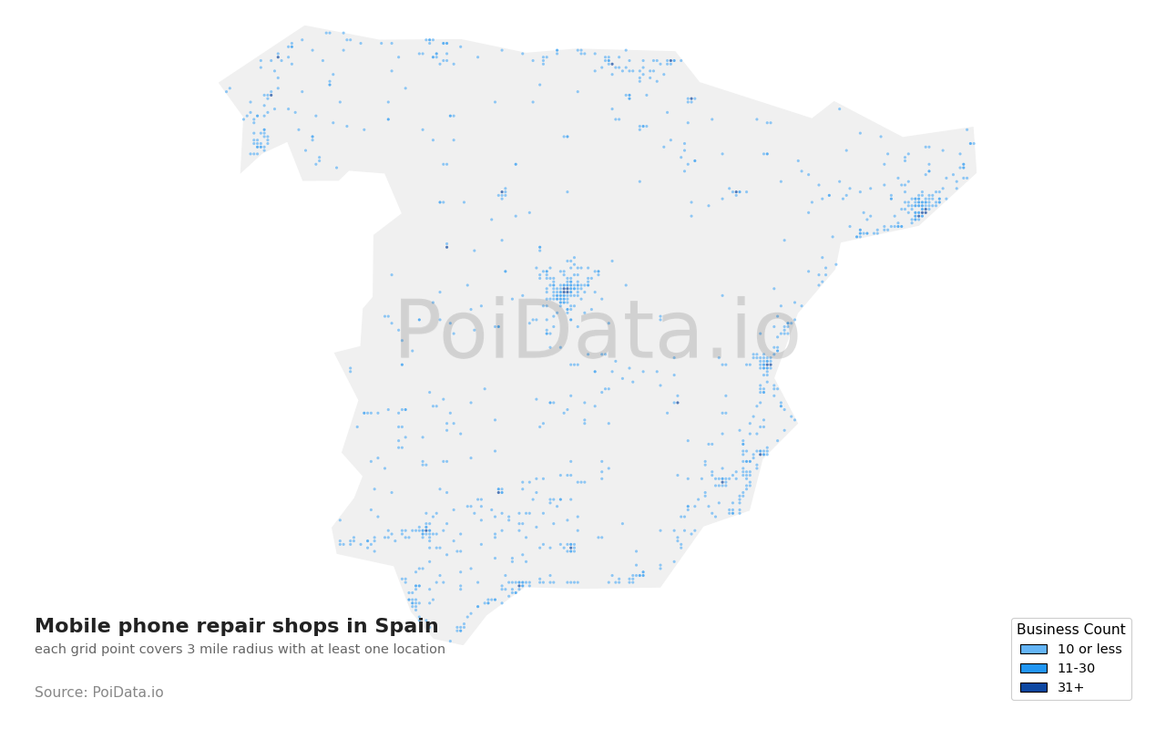 Mobile phone repair shop density map for Spain