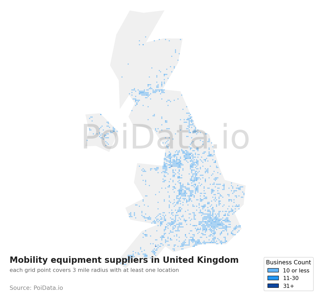 Mobility equipment supplier density map for United Kingdom