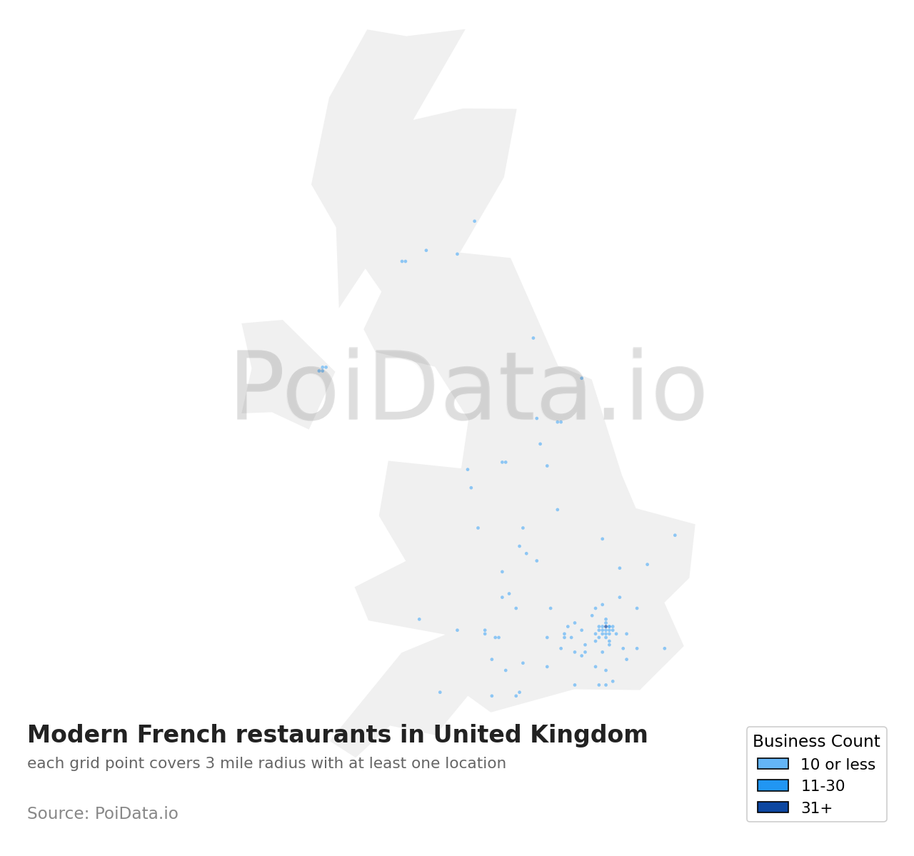 Modern French restaurant density map for United Kingdom
