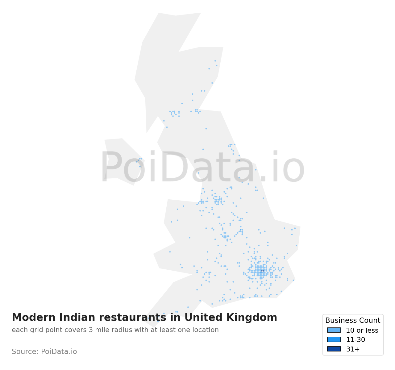 Modern Indian restaurant density map for United Kingdom