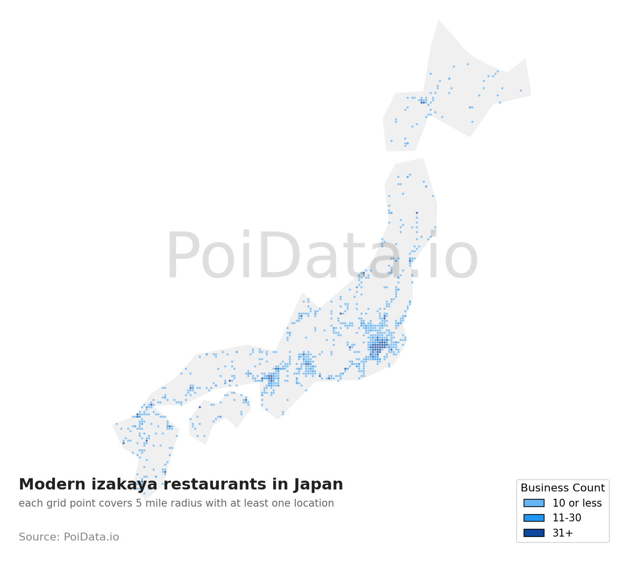 Modern izakaya restaurant density map for Japan