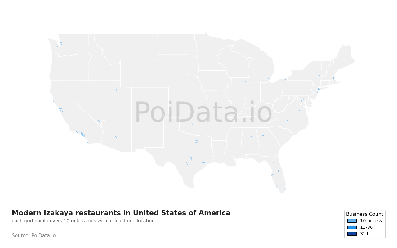 Modern izakaya restaurant density map for United States