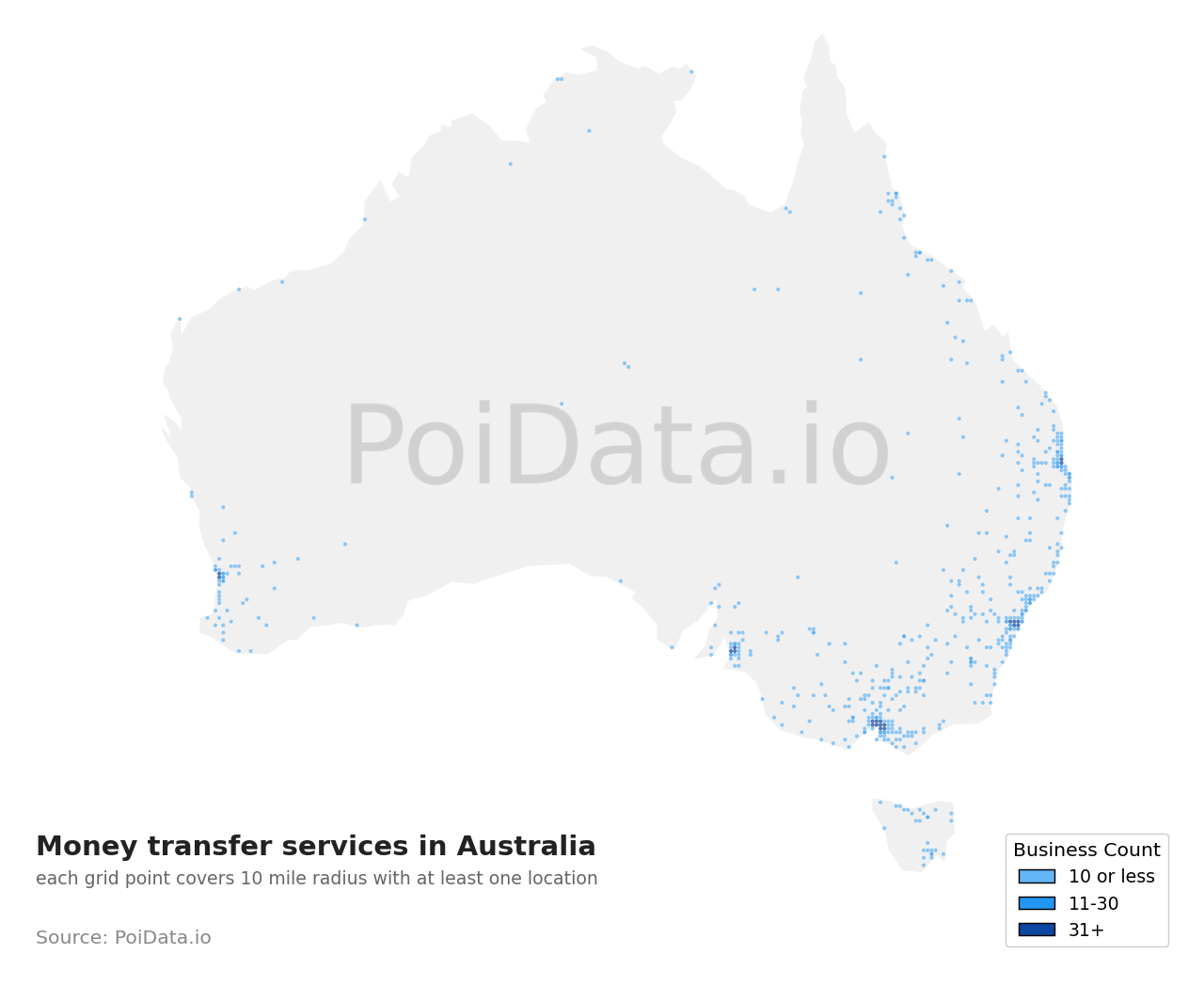 Money transfer service density map for Australia