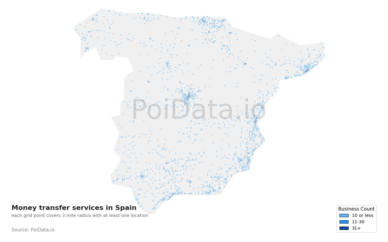 Money transfer service density map for Spain