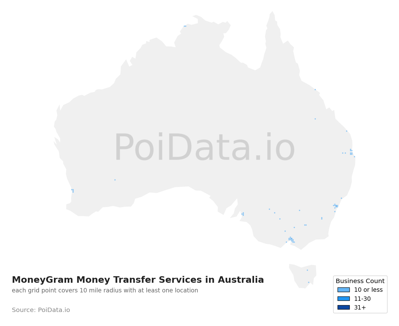 MoneyGram Money Transfer Services density map for Australia