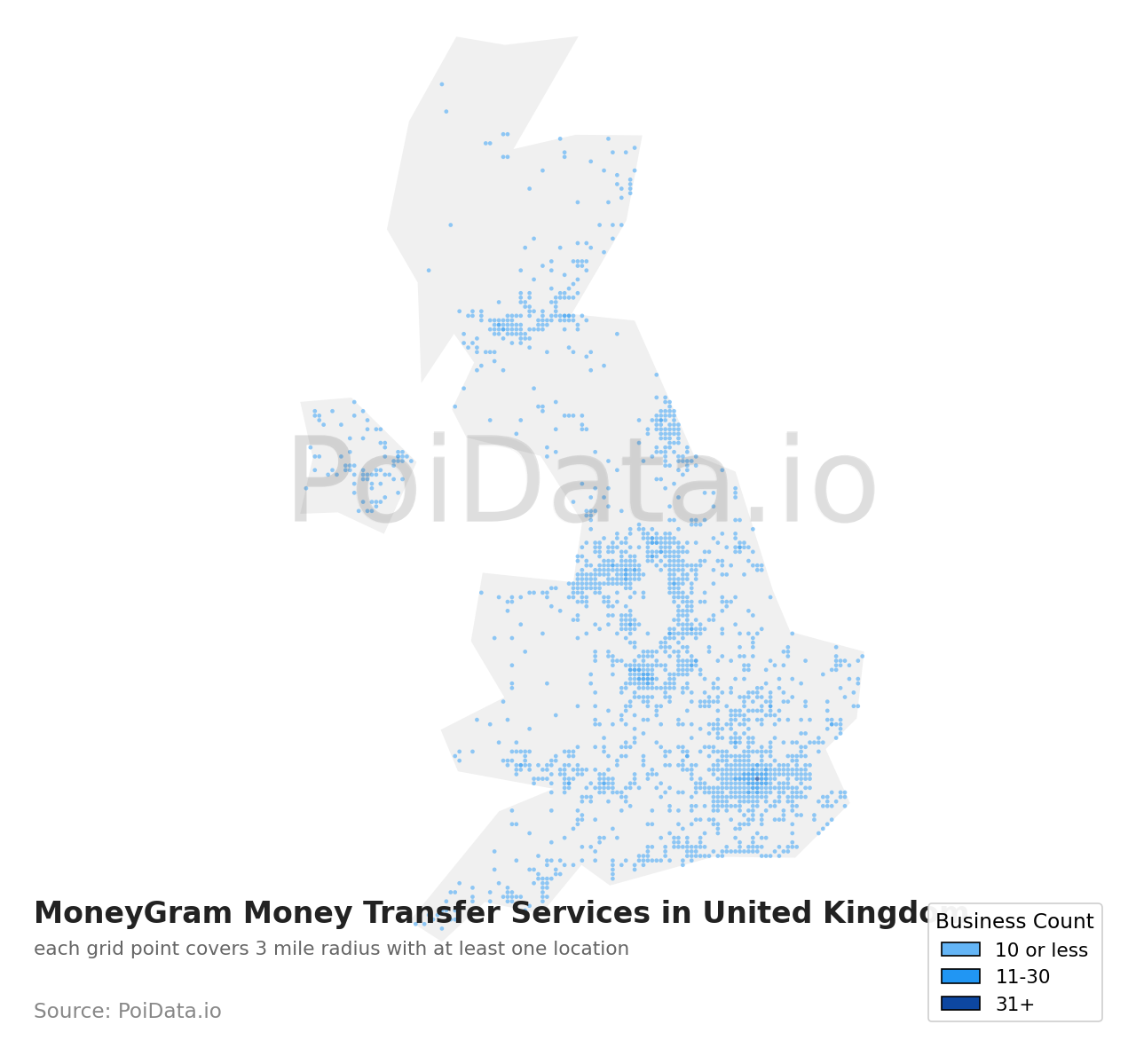 MoneyGram Money Transfer Services density map for United Kingdom