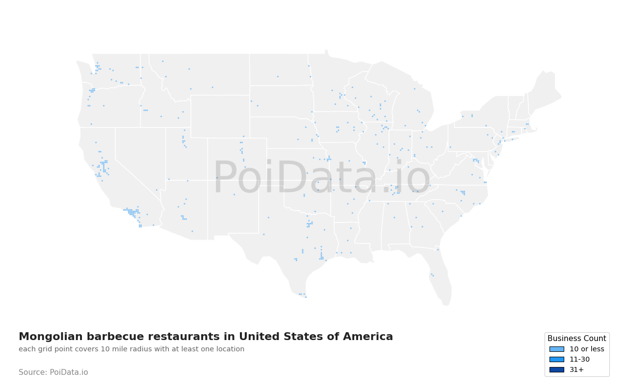 Mongolian barbecue restaurant density map for United States