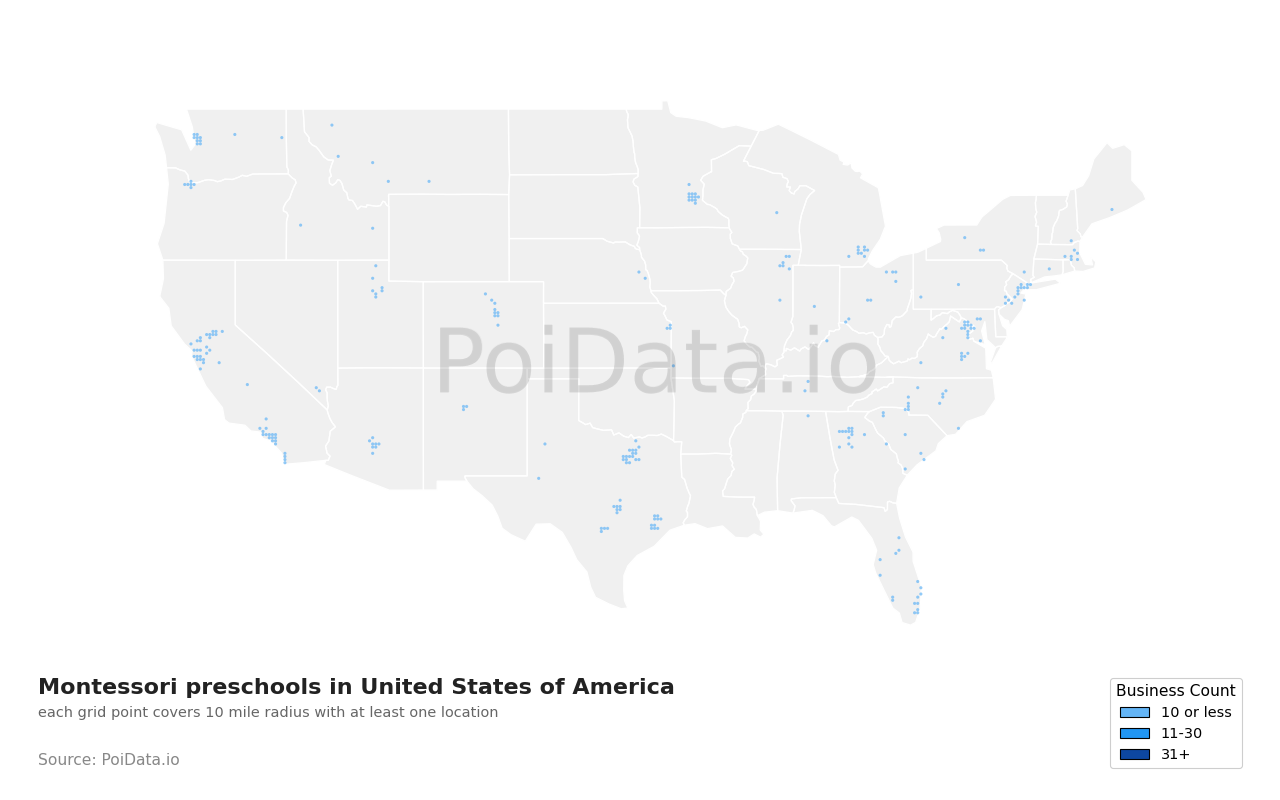 Montessori preschool density map for United States