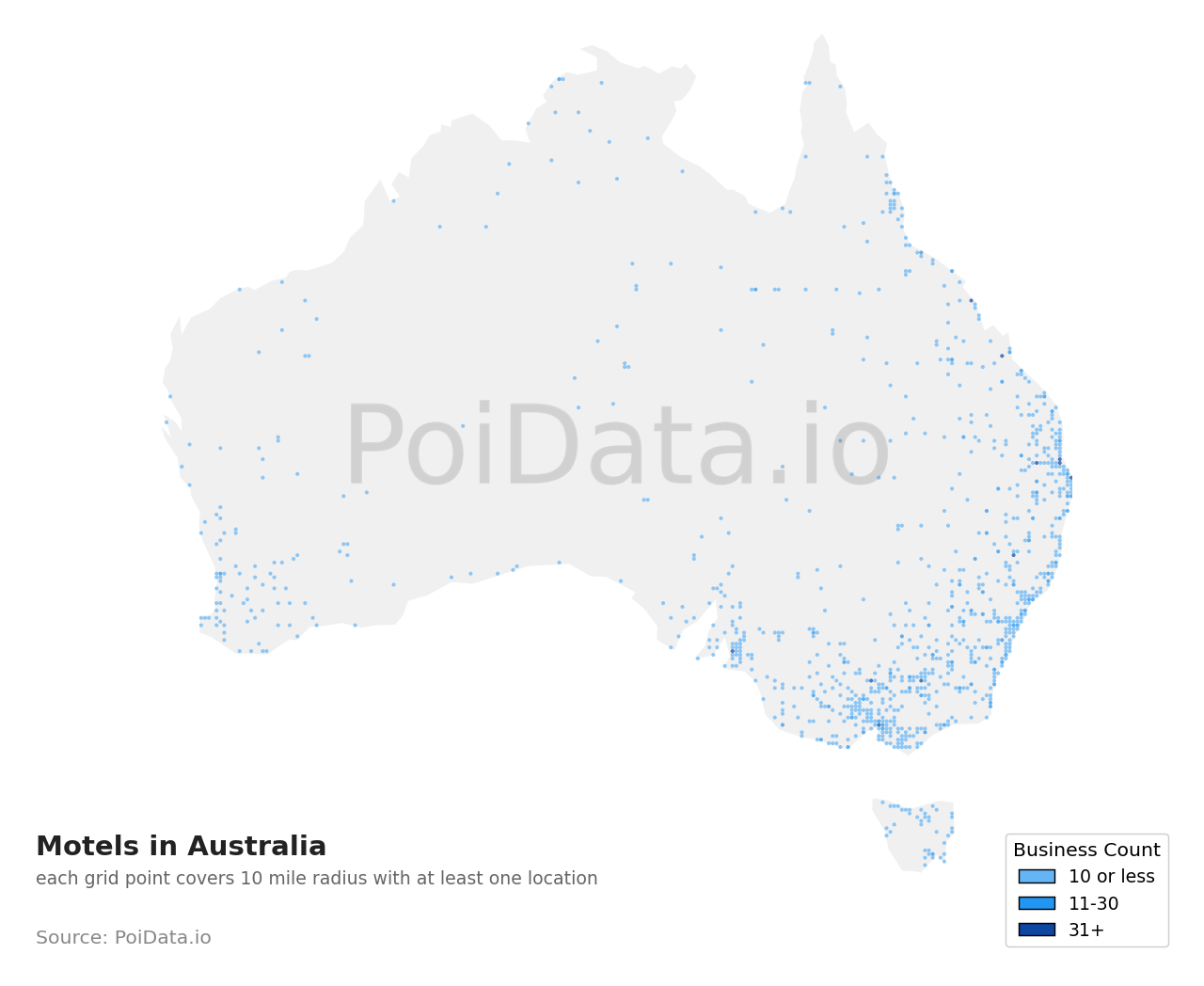 Motel density map for TAS, Australia