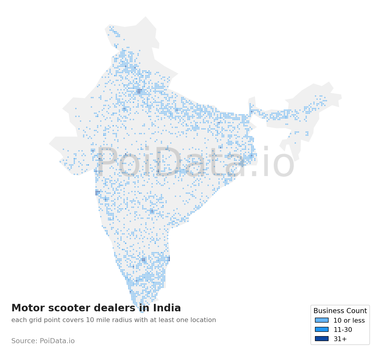 Motor scooter dealer density map for India
