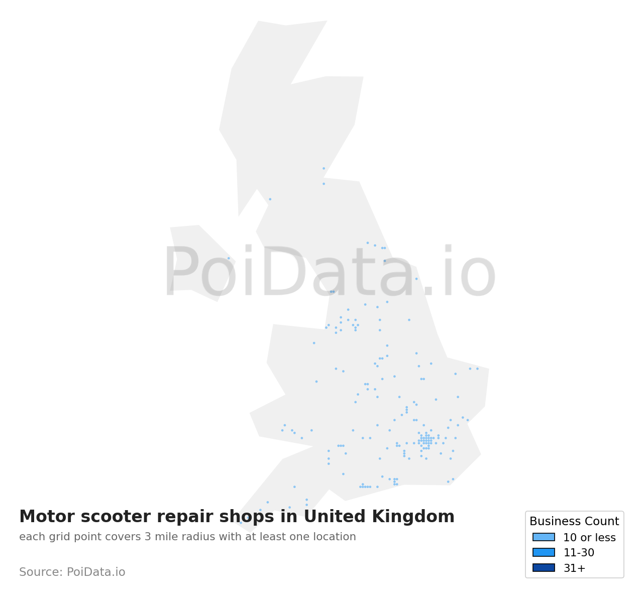 Motor scooter repair shop density map for United Kingdom