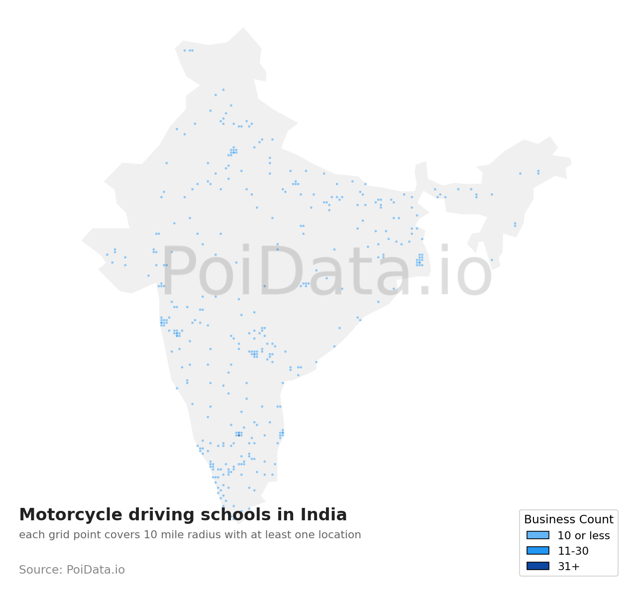 Motorcycle driving school density map for India
