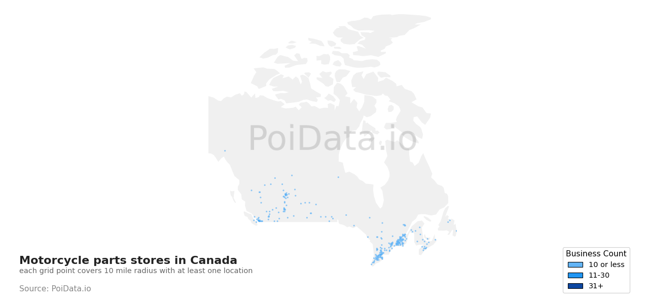 Motorcycle parts store density map for Quebec, Canada