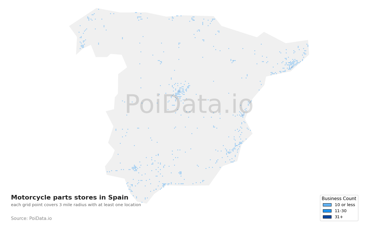 Motorcycle parts store density map for Spain
