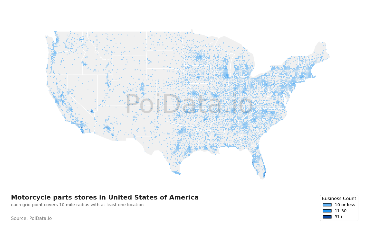 Motorcycle parts store density map for California, United States
