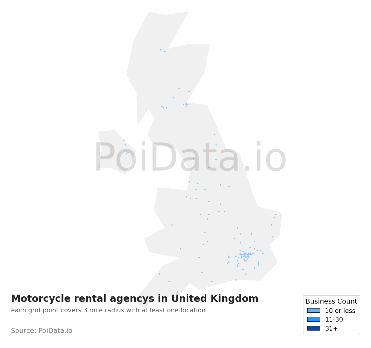 Motorcycle rental agency density map for United Kingdom