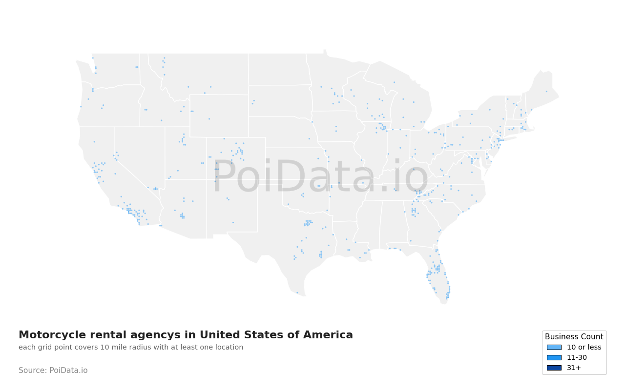 Motorcycle rental agency density map for United States