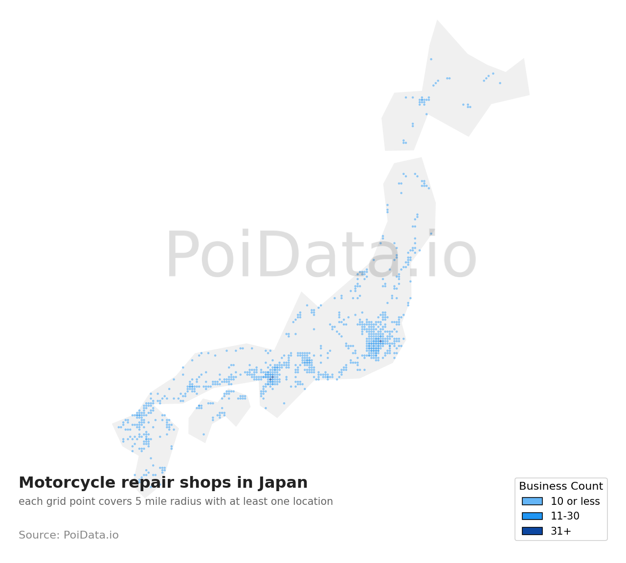 Motorcycle repair shop density map for Japan