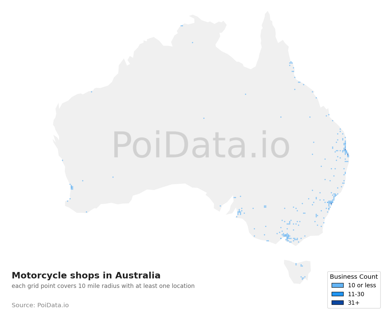 Motorcycle shop density map for Australia