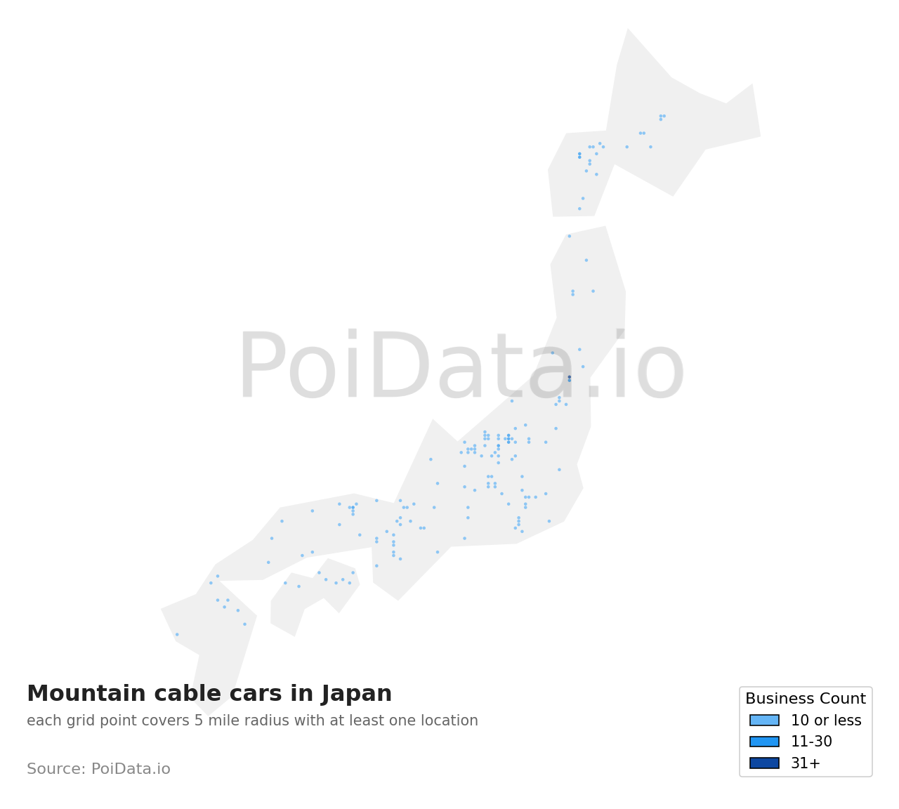 Mountain cable car density map for Japan